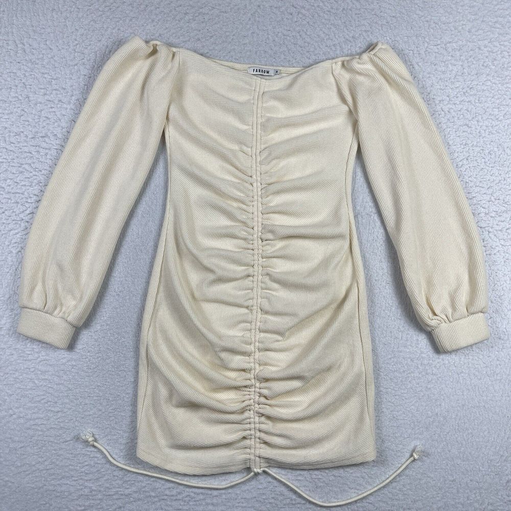 Farrow Dress Womens Medium Ruched Ribbed Capsule Neutral Minimalist Event Office